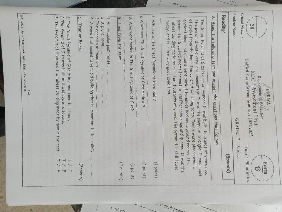 NDI2Mjg2MQ90901 صور امتحان اللغة الانجليزية للصف السابع الفصل الثاني 2022 نموذج B وكالة